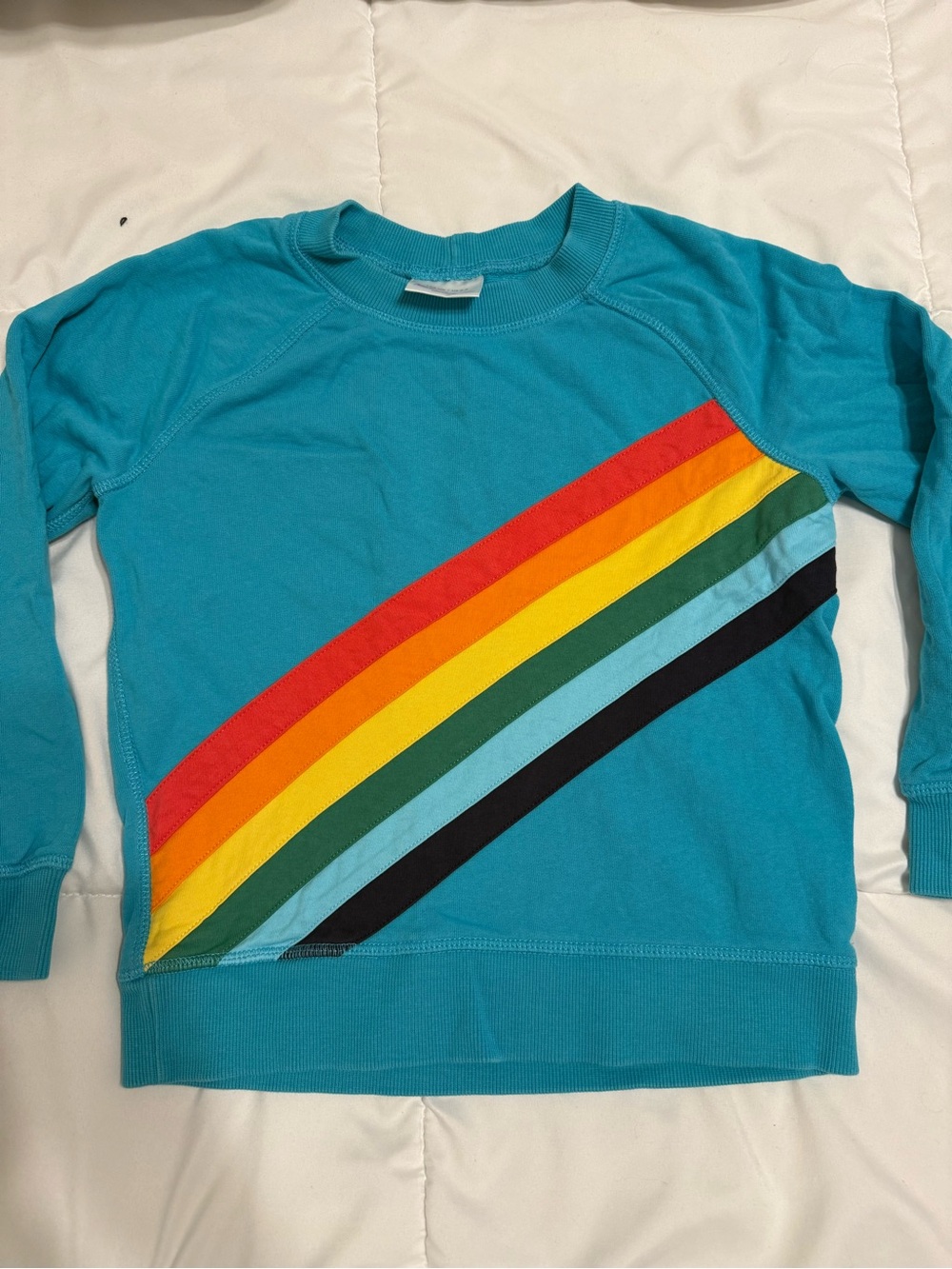 Hanna Andersson Teal Sweatshirt with Rainbow Diagonal Stripes